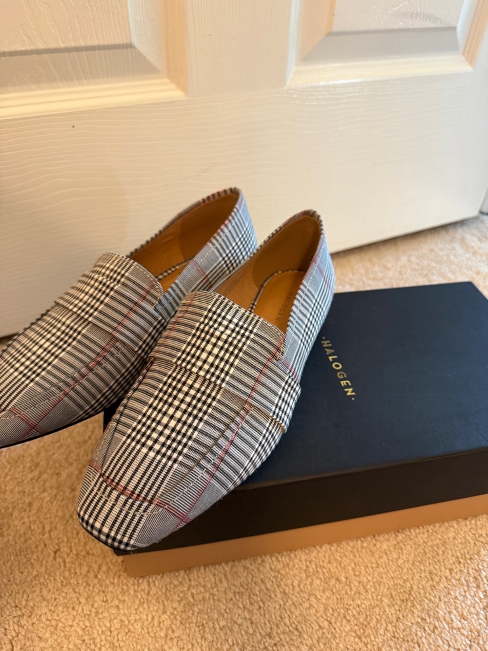 Halogen Women’s Halucy-Fab Black and White Plaid Loafers with Red Accents